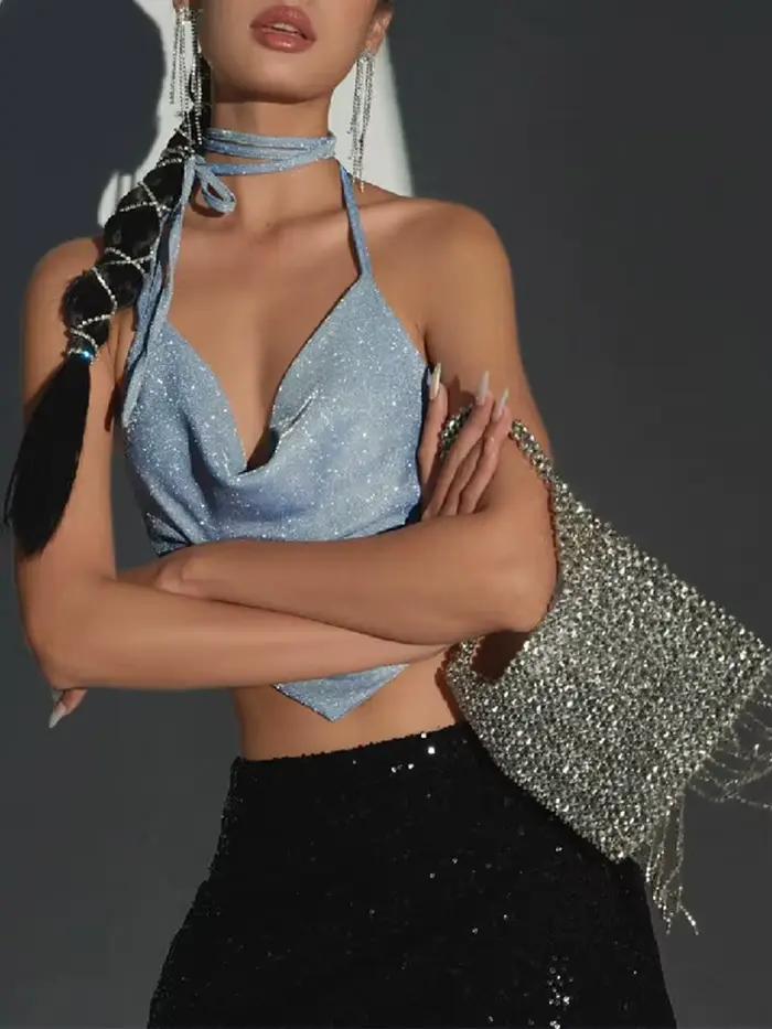 Débardeur à Paillettes Bleu Brcorporelle Froncé, Haut Court et Dos aux, Vêtement Sexy à Col Licou, C