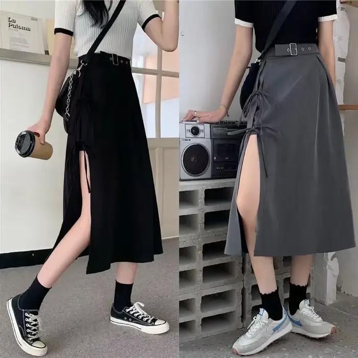 Jupes mi-mollet à fente haute gothique foncé vintage pour femmes, mode élégante, fête, club, taille