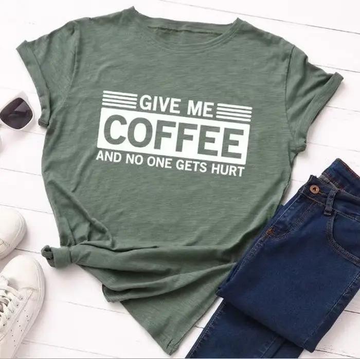 T-shirt manches courtes col rond pour femme, estival et estival, avec lettres imprimées "Give Me Cof