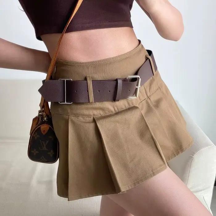 Karrram – Mini jupe plissée marron pour femmes, décontractée, taille haute, avec ceinture, mode coré