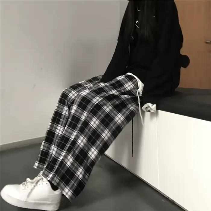 Pantalon de survêtement oversize pour femme, motif écossais noir, décontracté, coupe ample, taille é