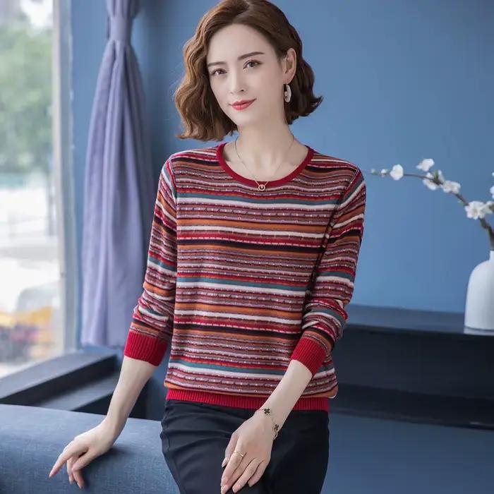 S-3XL d'âge moyen mère pull de base femmes printemps automne nouveau rayé manches longues haut col r