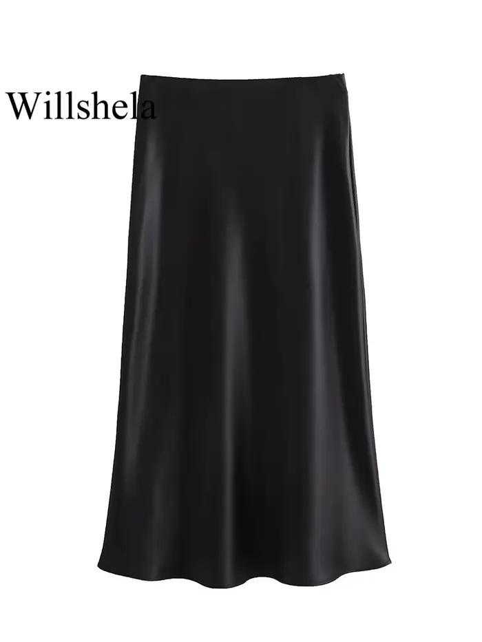 Willshela femmes mode Satin solide plissé jupe Midi Vintage taille mi élastique femme Chic dame jupe