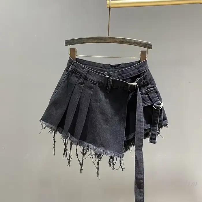 Mini jupe en jean rose irrégulière pour femme, taille haute, amincissante, faux deux pièces, vêtemen