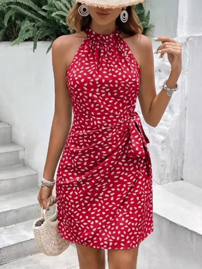 Mini robe à pois de couleur unie pour femmes, Camisole sans manches, à lacets, Robe de soirée pour v