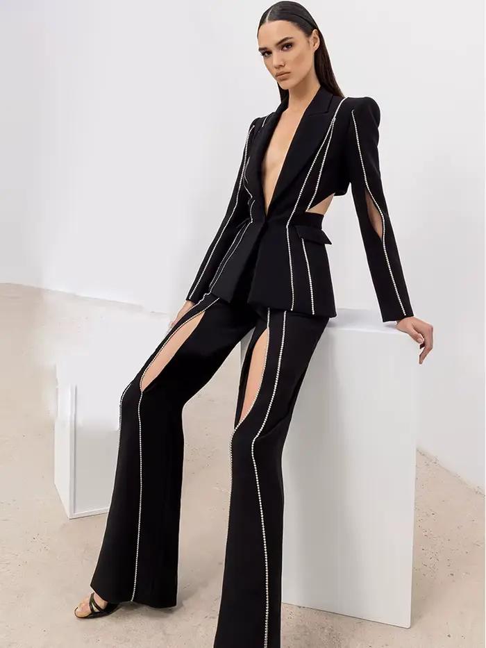 Ensemble blazer et pantalon évasé à revers perlé pour femme, bouton unique évidé, diamants, haute qu