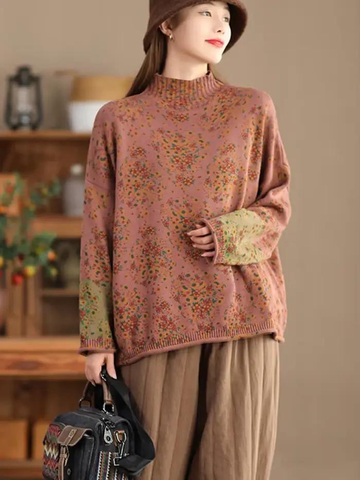 Amax luluE 2024 hiver mode col roulé chandails femmes classique lâche pulls floraux femmes Vintage l
