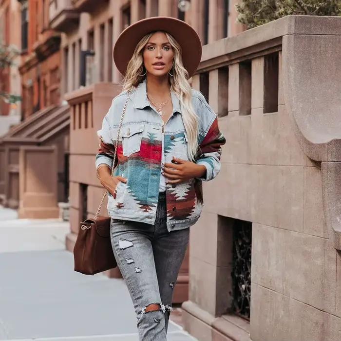 Manteau pull en jean patchwork ample à revers et manches longues, style rétro, pour femme, collectio