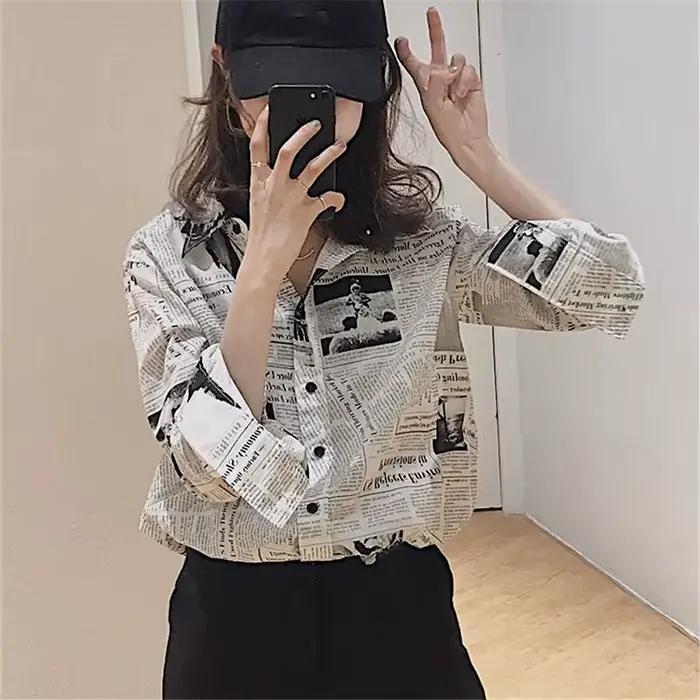 Gidyq-Chemises en mousseline de soie pour femmes, streetwear décontracté coréen, imprimé journal, mo