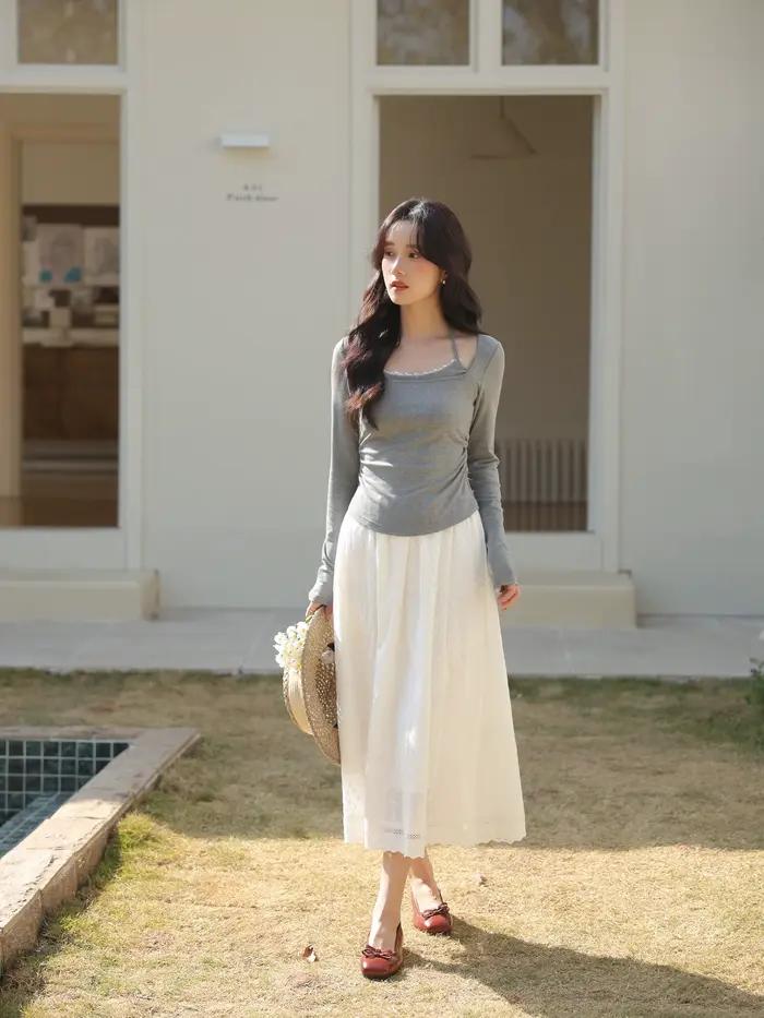 Jupe mi-longue trapèze blanche de Style français pour femmes, taille haute, fluide, Slim, élégante,