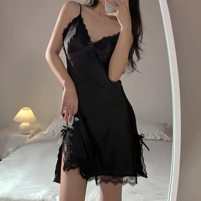 Sexy dentelle col en V Lingerie robes femmes robe de nuit Satin vêtements de nuit à lacets vêtements