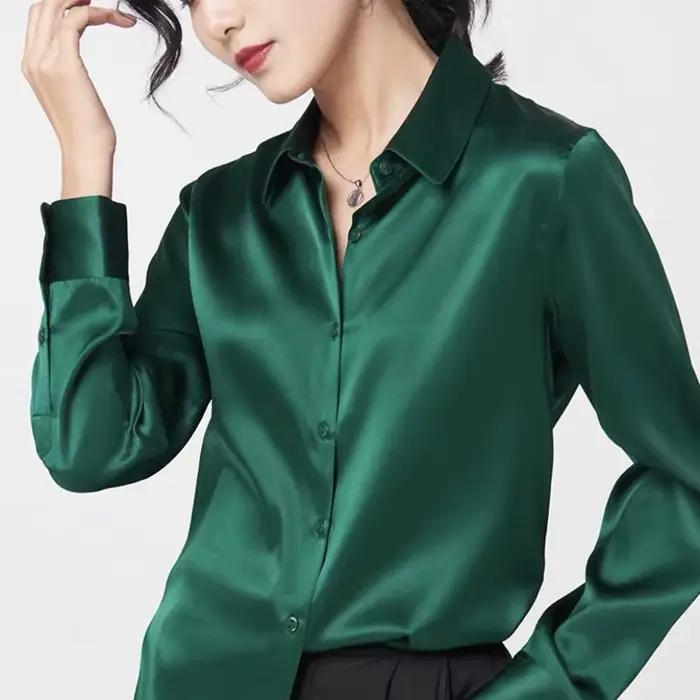 Élégant Satin à manches longues Blouses femmes 2025 Vintage bordeaux blanc chemise en soie femmes dé