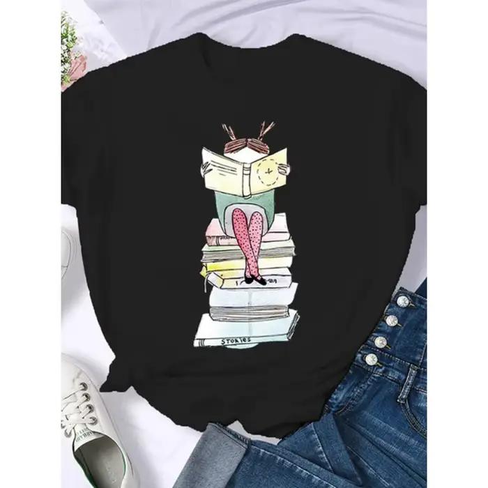 Café livres livres marron américain rétro T-shirt femme col rond demi manches T-shirt imprimé T-shir