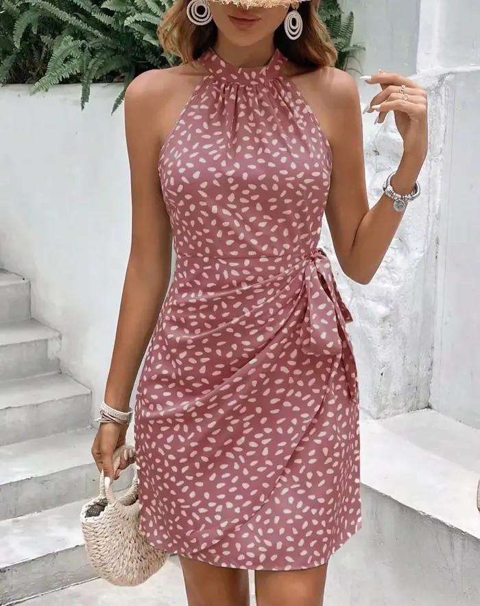 Mini robe à pois de couleur unie pour femmes, Camisole sans manches, à lacets, Robe de soirée pour v