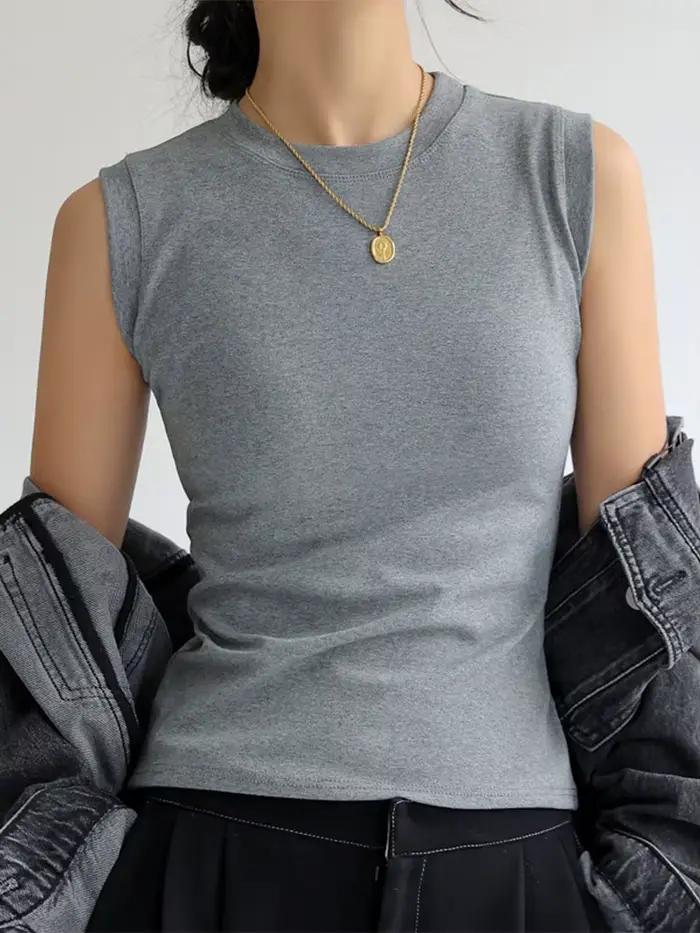 Camisole gilet pour femmes col rond coloré basique sans manches maillot de corps hauts t-shirts avec