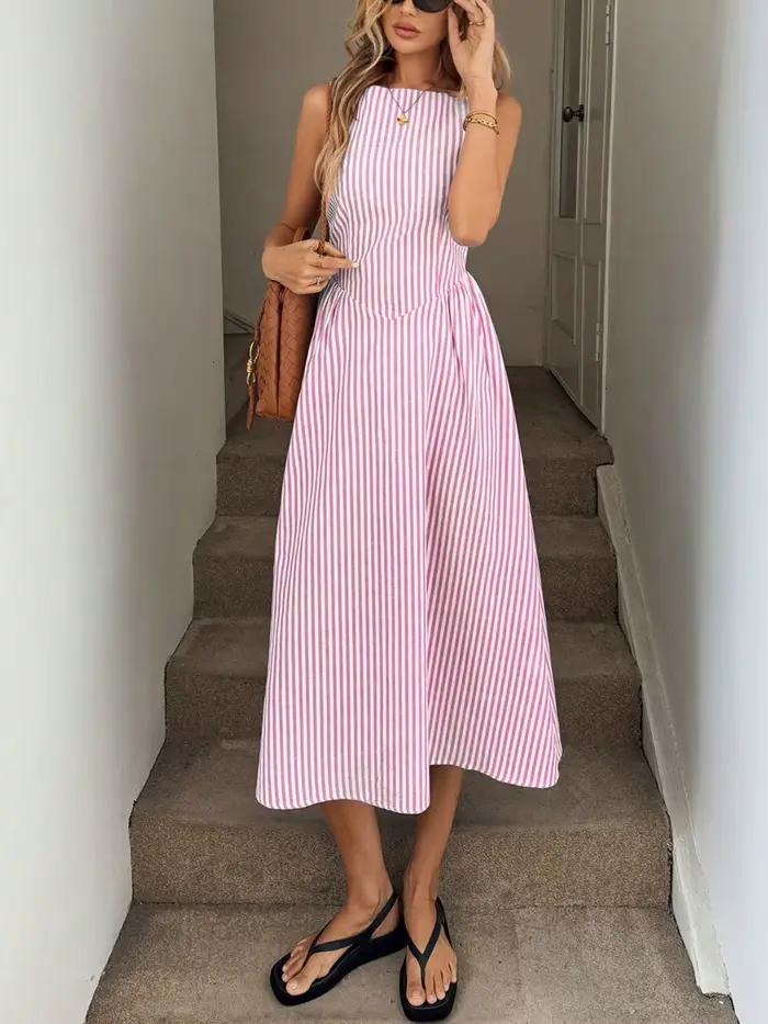 Robe d'été amincissante sans manches à rayures verticales, fraîche, tempérament élégant, nouvelle co
