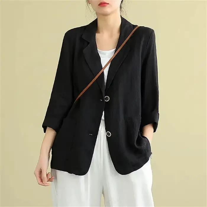 Costumes en coton et lin monochromes pour femmes, blazer fin à manches trois-quarts, veste de protec