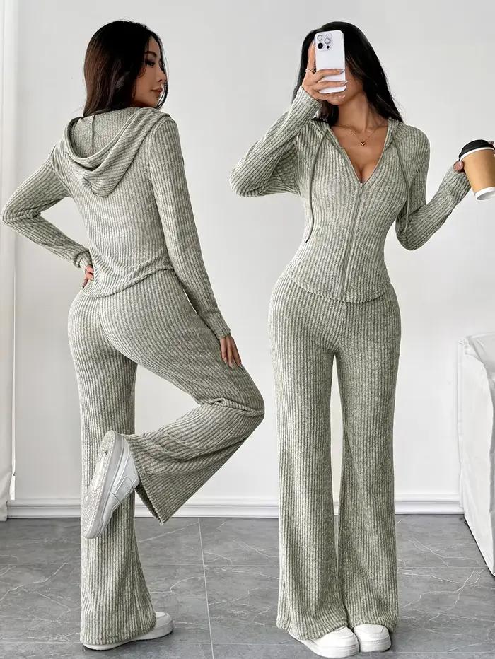 Ensemble haut à capuche et pantalon évasé ample pour femmes, couleur unie, à la mode, décontracté, à