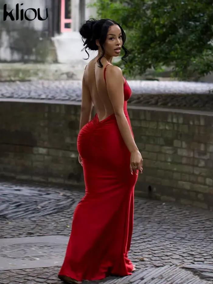 Kliou-Robe maxi à bretelles spaghetti brillantes pour femmes, monochromatique, sexy, dos nu, ruché,