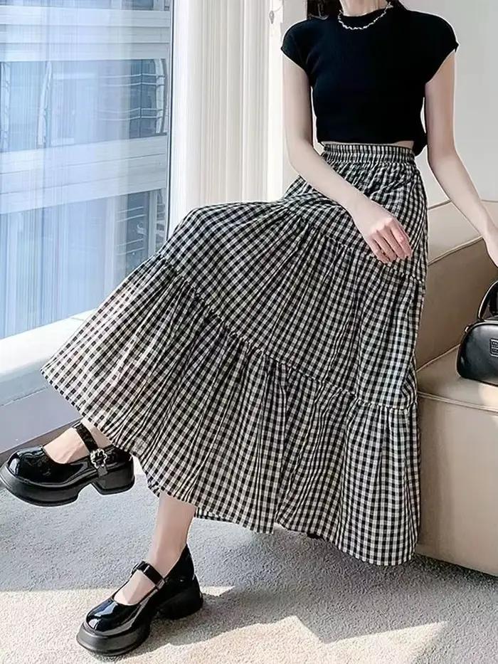 Jupe à plusieurs niveaux en Patchwork pour femmes, Vintage, à carreaux, taille haute, taille élastiq