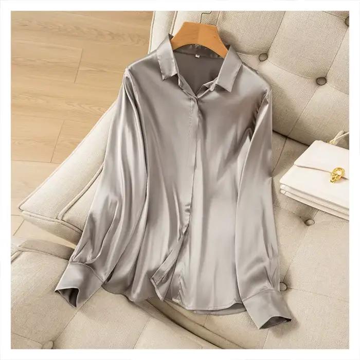 2025 femmes haut tendance tempérament lourd soie élastique Satin couleur unie à manches longues bure
