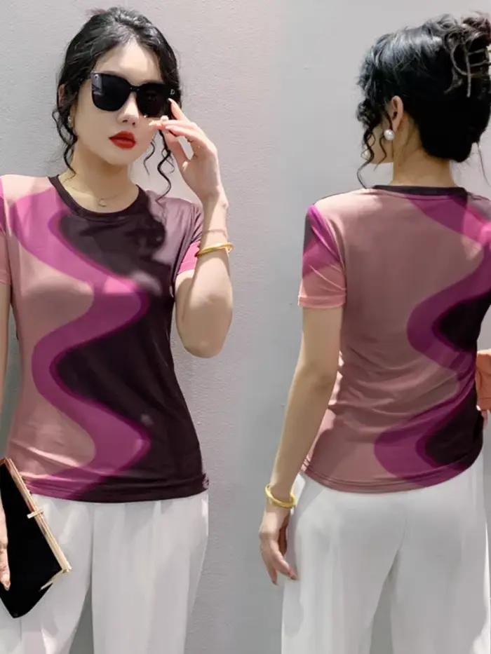 T-shirt à manches courtes et col rond pour femme, haut moulant, élégant, en maille imprimée, été, BH