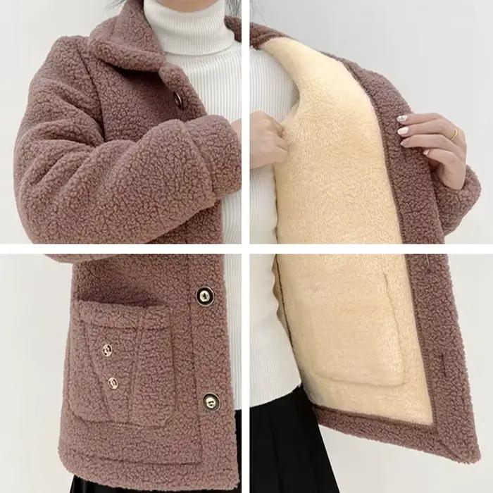 Manteau en fourrure d'agneau à simple boutonnage pour femme, veste décontractée pour femme, poche à