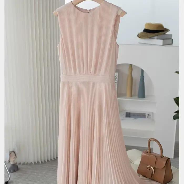 Robe longue plissée en mousseline de soie rose pour femme, tenue de soirée, tenue de bureau, sans ma