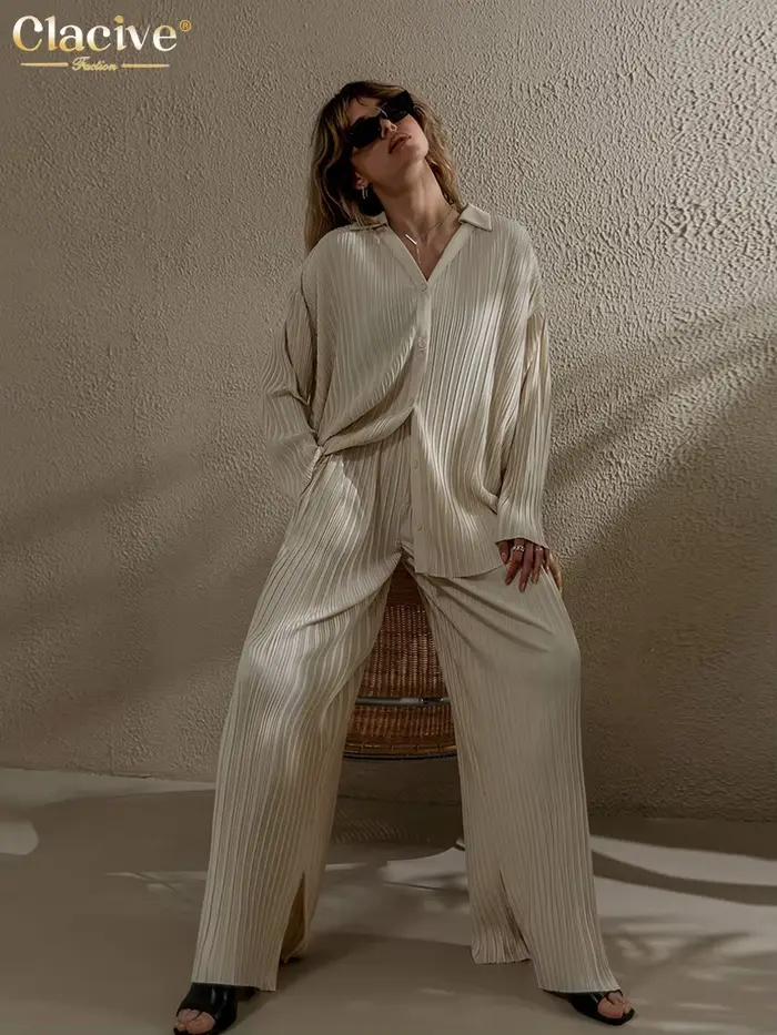 ClacMarkets-Ensemble Deux Pièces pour Femme, Chemisier à Manches sulf, Décontracté, Fente Latérale,