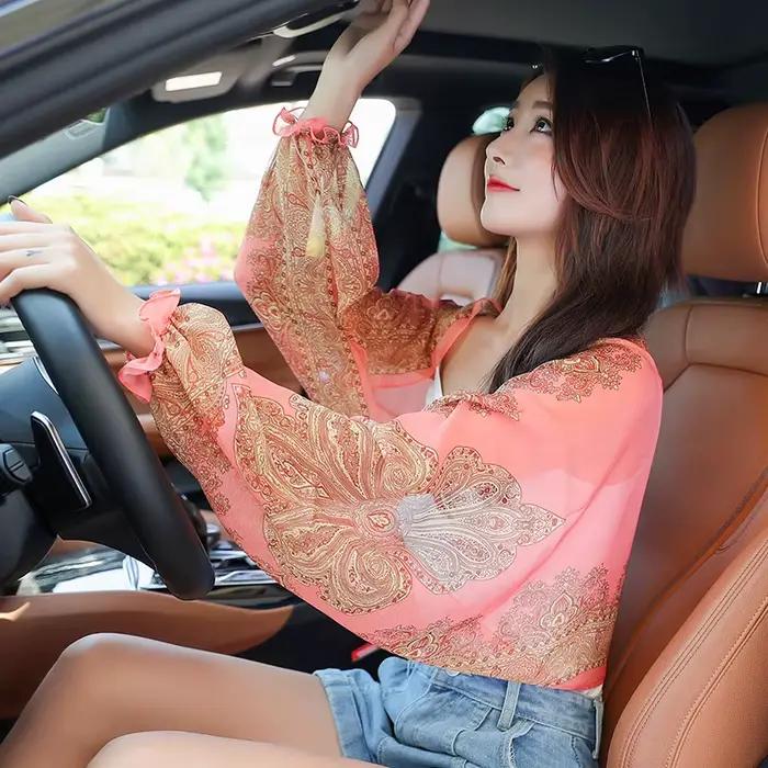 Couvre-bras floral en mousseline de soie pour femme, châle fin à manches longues, écharpe de conduit