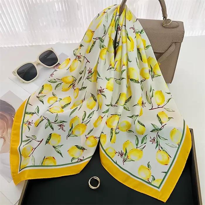 70cm carré citron imprimé jaune carré foulard en soie décontracté élégant mince respirant cou femmes