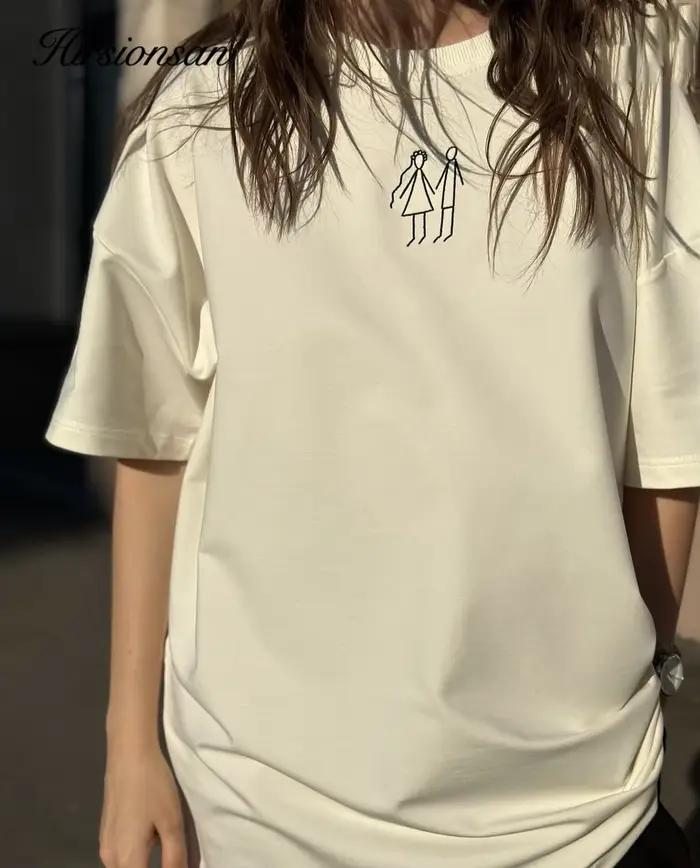Hirsionsan-T-shirt imprimé graffiti minimaliste pour femme, col rond, coton doux, vêtements décontra