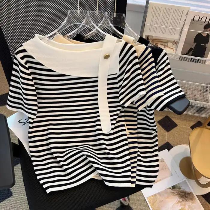 Été Sexy pull femmes tricot t-shirts hauts mode rayé élégant Chic t-shirts pull à manches courtes pu