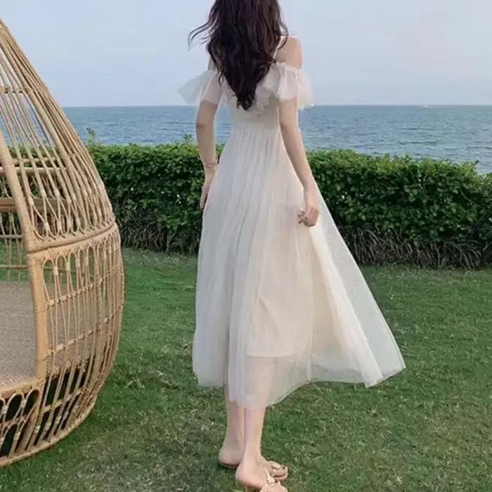 Fairycore – robe en maille pour femme, tenue blanche à lacets, poitrine basse, épaules dénudées, Sex