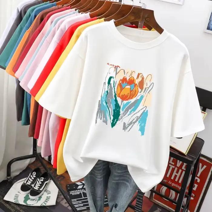 T-shirt manches courtes col rond femme, estival et basique, avec peinture florale, noir et blanc, gr
