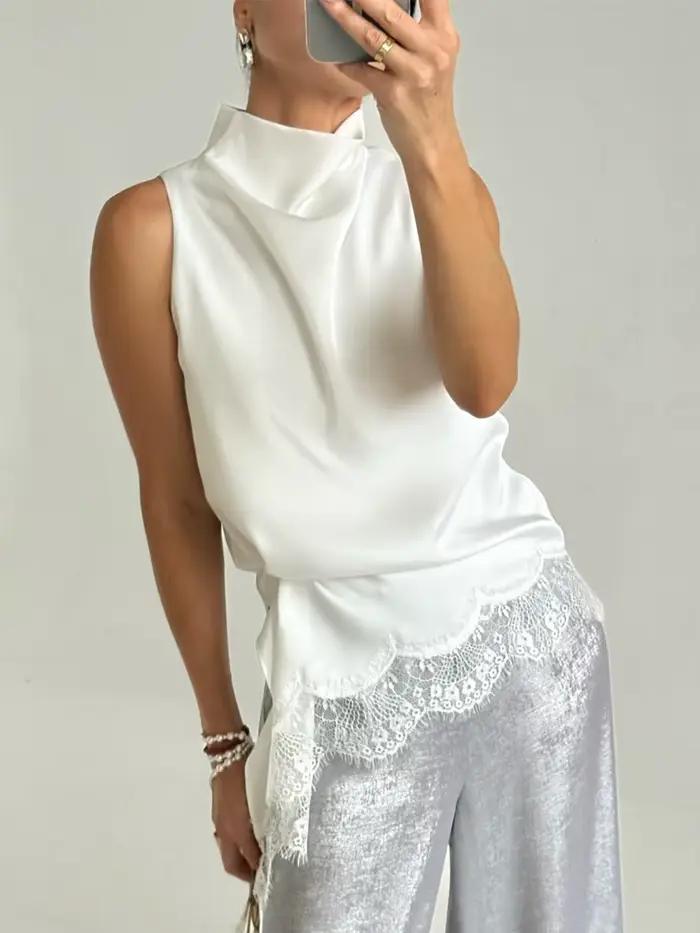 Robe Courte d'Été 2026 pour Femme en Satin à Col Montant, Silhouette Irrégulière, avec Bordure en De