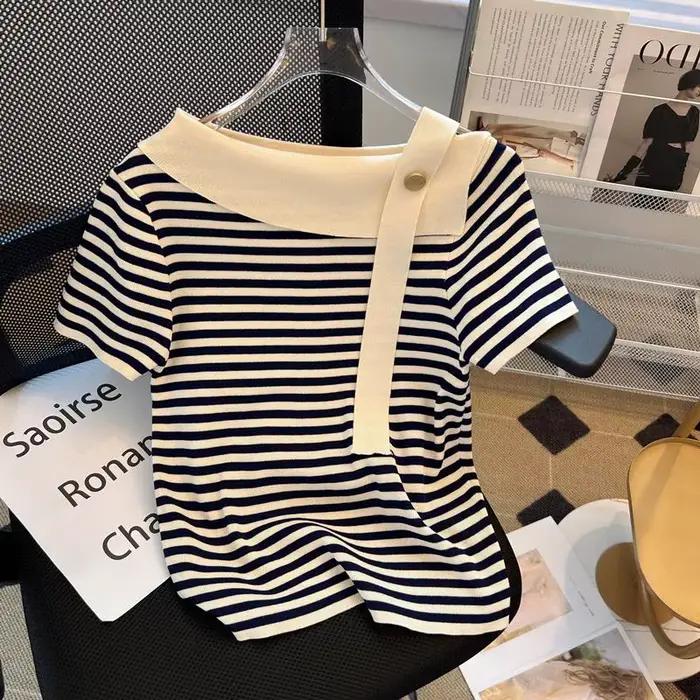 Été Sexy pull femmes tricot t-shirts hauts mode rayé élégant Chic t-shirts pull à manches courtes pu