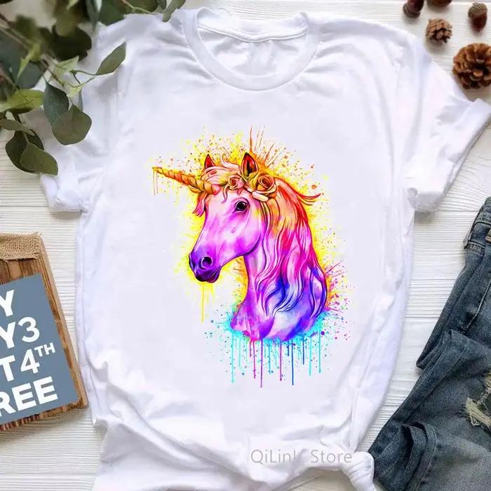 Belle licorne avec des fleurs imprimé T-Shirt Femme haut d'été Femme blanc à manches courtes T-Shirt