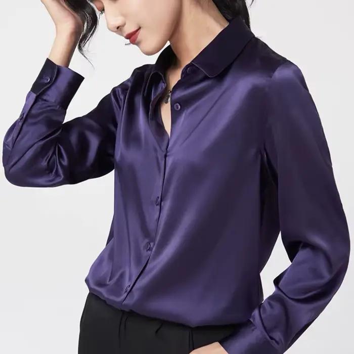 Élégant Satin à manches longues Blouses femmes 2025 Vintage bordeaux blanc chemise en soie femmes dé
