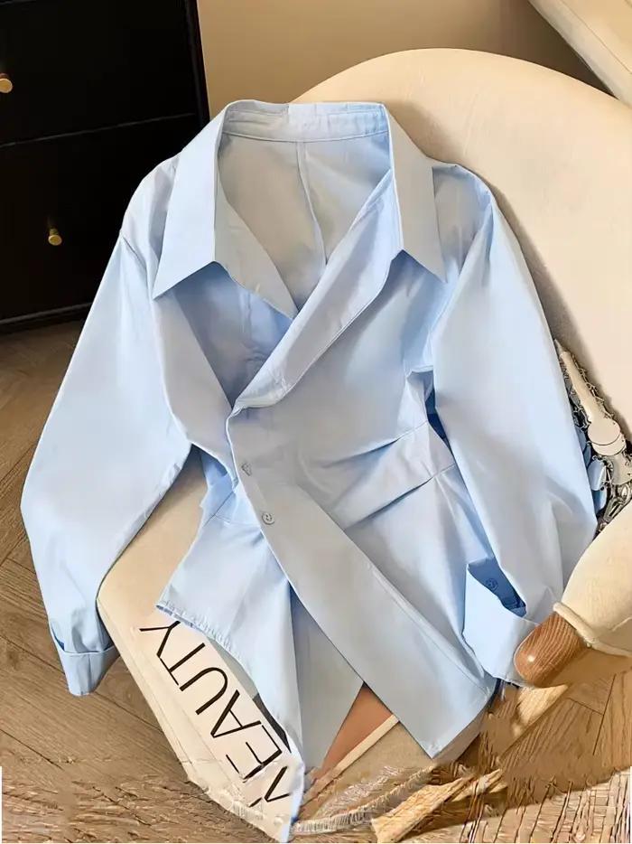 Polo à manches longues irrégulières pour femmes, tunique blanche élégante, haut basique, chemisier,