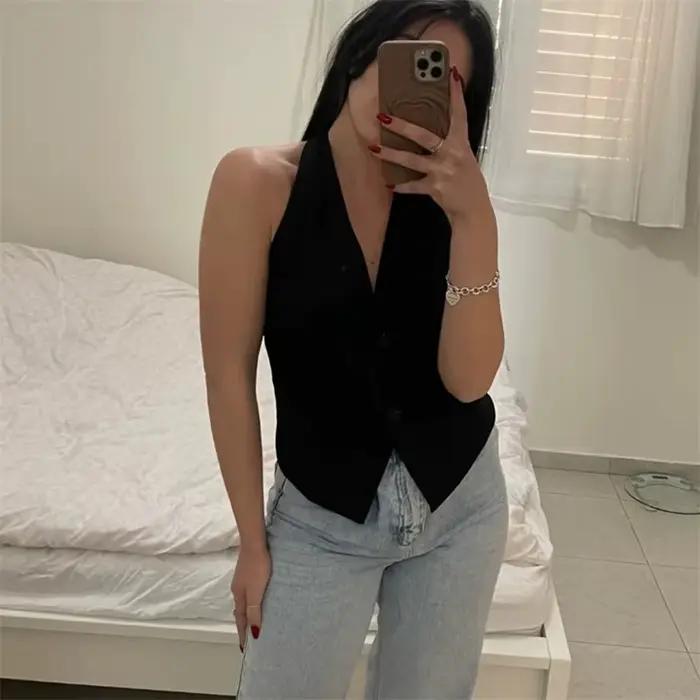 MUJER épaules dénudées gilet sans manches femmes noir blanc recadrée gilet femme mode dos nu col en