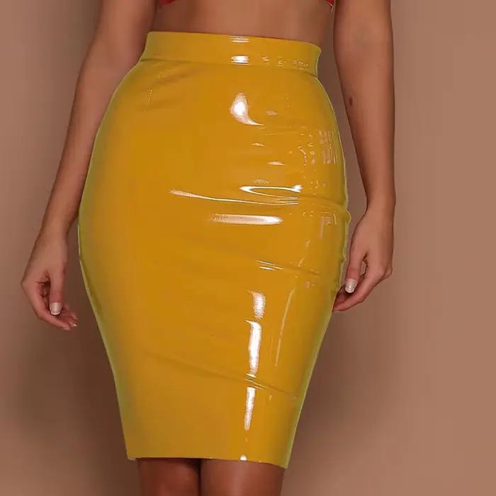 Femmes en cuir PU jupe moulante gothique noir aspect mouillé rouge jaune jupe Midi taille haute dame