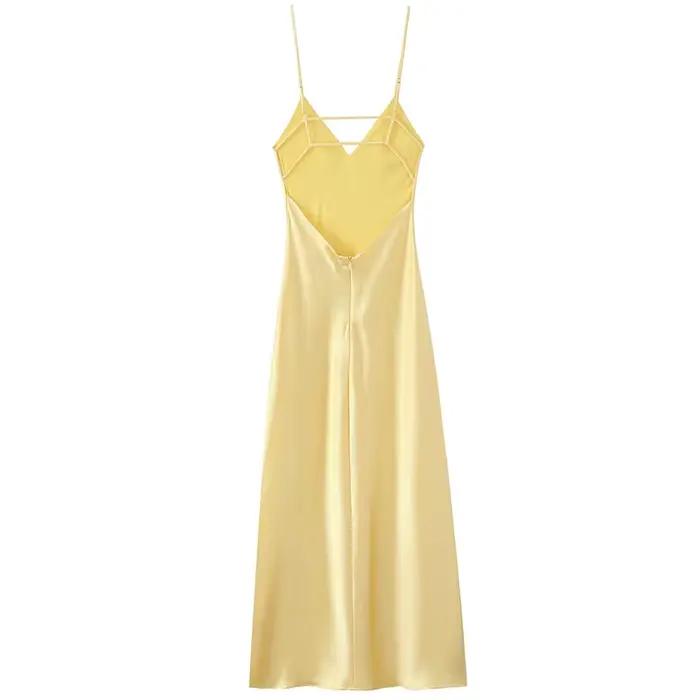 HXAO femmes jaune robe d'été 2025 femme Satin col en v robes de soirée élégante soirée sans manches