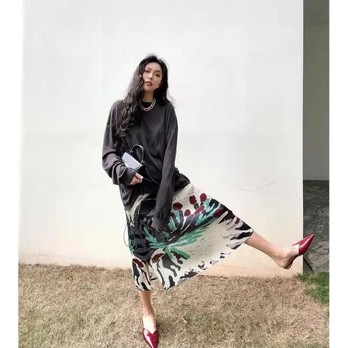 Jupe mi-longue à imprimé floral vintage pour femmes, jupes plissées fendues élégantes, jupe trapèze