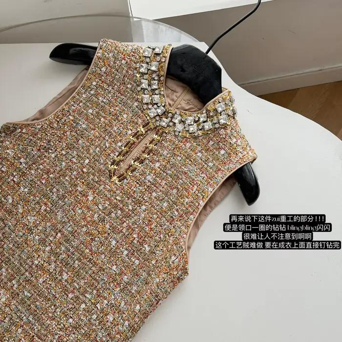 Mini robe de luxe en Tweed pour jeunes filles, couleur Vintage, douce, diamants, sans manches, tissa