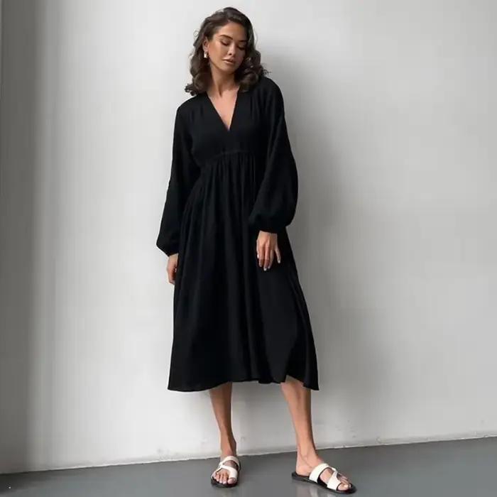Robes élégantes en mousseline de coton pour femmes, manches longues, col en V, décontracté, fête, va