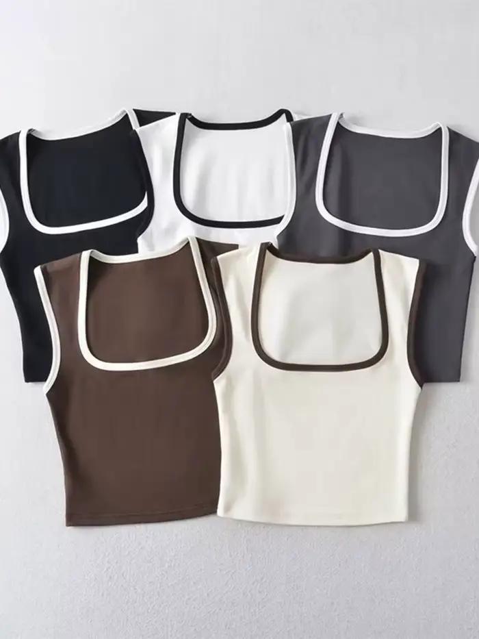 Débardeur sans manches pour femme, Slim, couleur contrastée, décontracté, col carré, haut court, vêt
