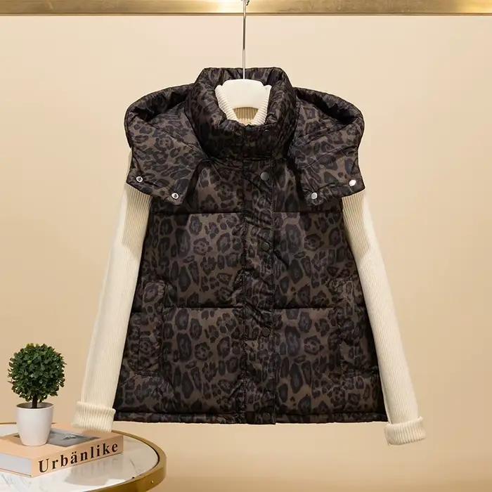 Gilet en coton imprimé léopard pour femmes, veste sans manches à capuche, mode américaine, manteau c