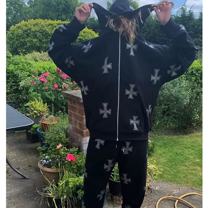 Ensemble deux pièces imprimé croix gothique pour femme, sweats à capuche et pantalons, survêtement c