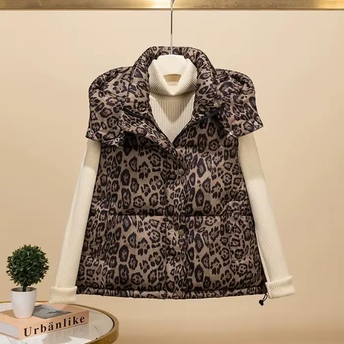 Gilet en coton imprimé léopard pour femmes, veste sans manches à capuche, mode américaine, manteau c